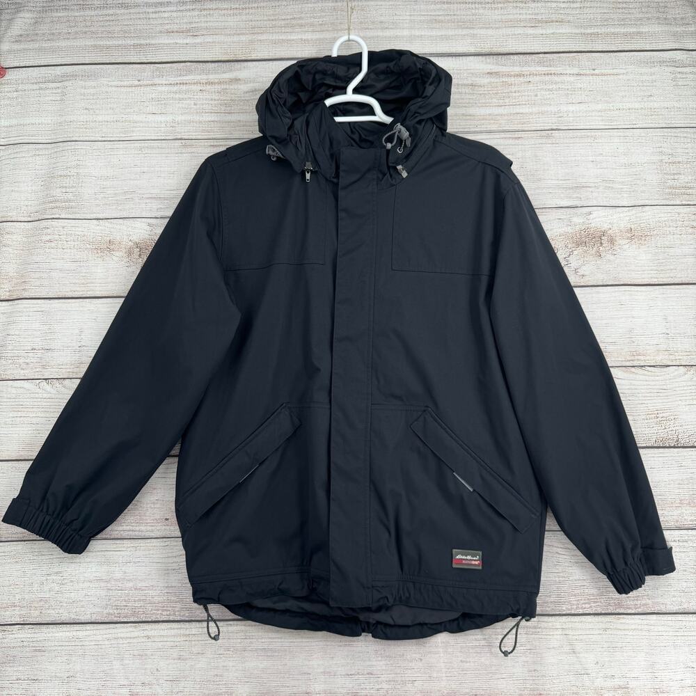 Eddie Bauer WeatherEdge Fleece Lined Rain Jacket Mens M Black Removeable Hood